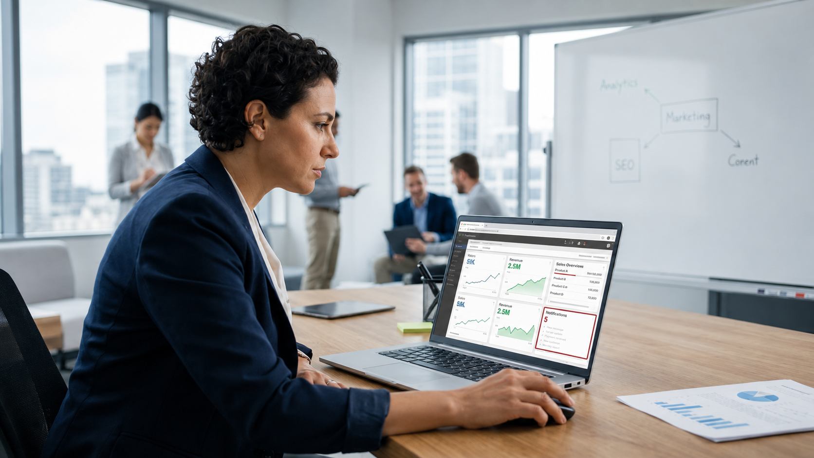 Marketer reviewing Google Ads campaign dashboards on a laptop in an office